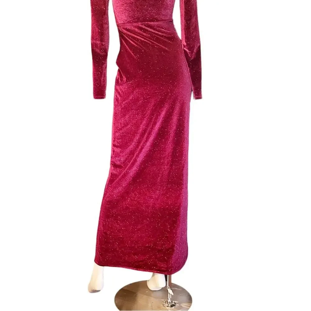 BERSHKA Velvet Dress Deep Red Gold Holiday Party Small Shimmer S - Picture 7 of 10